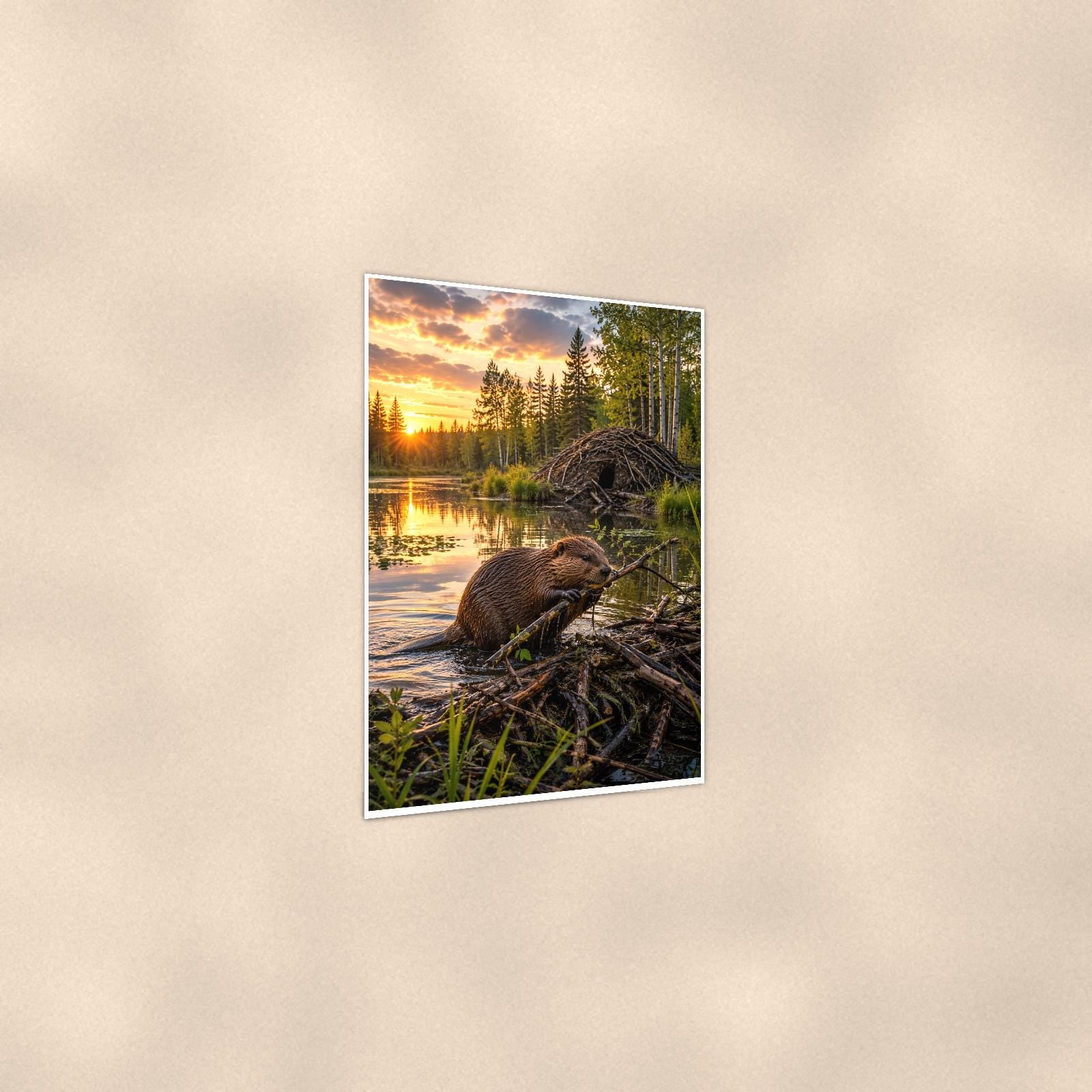 Beaver Lodge Sunset — 24x36 in art print poster, premium luster paper with a white border; gentle three-quarter angle on a warm wall, showing the flat paper edge.