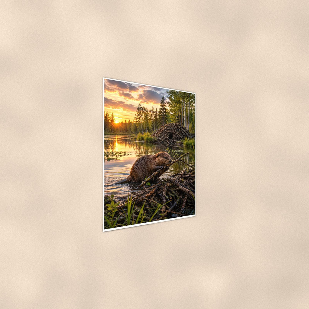 Beaver Lodge Sunset — 24x36 in art print poster, premium luster paper with a white border; steeper three-quarter angle on a warm wall, catching the luster sheen.