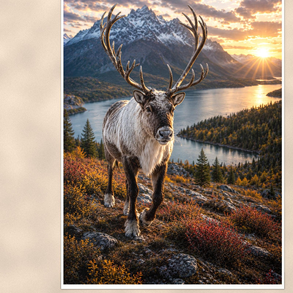 Caribou Lake — 24x36 in art print poster, premium luster paper with a white border; close-up framed on the main subject of the artwork, paper surface visible.