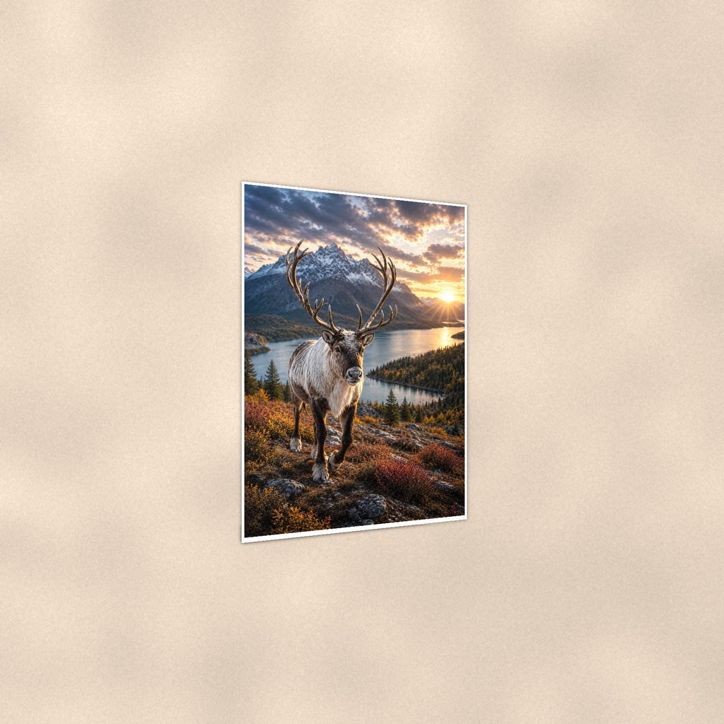 Caribou Lake — 24x36 in art print poster, premium luster paper with a white border; gentle three-quarter angle on a warm wall, showing the flat paper edge.