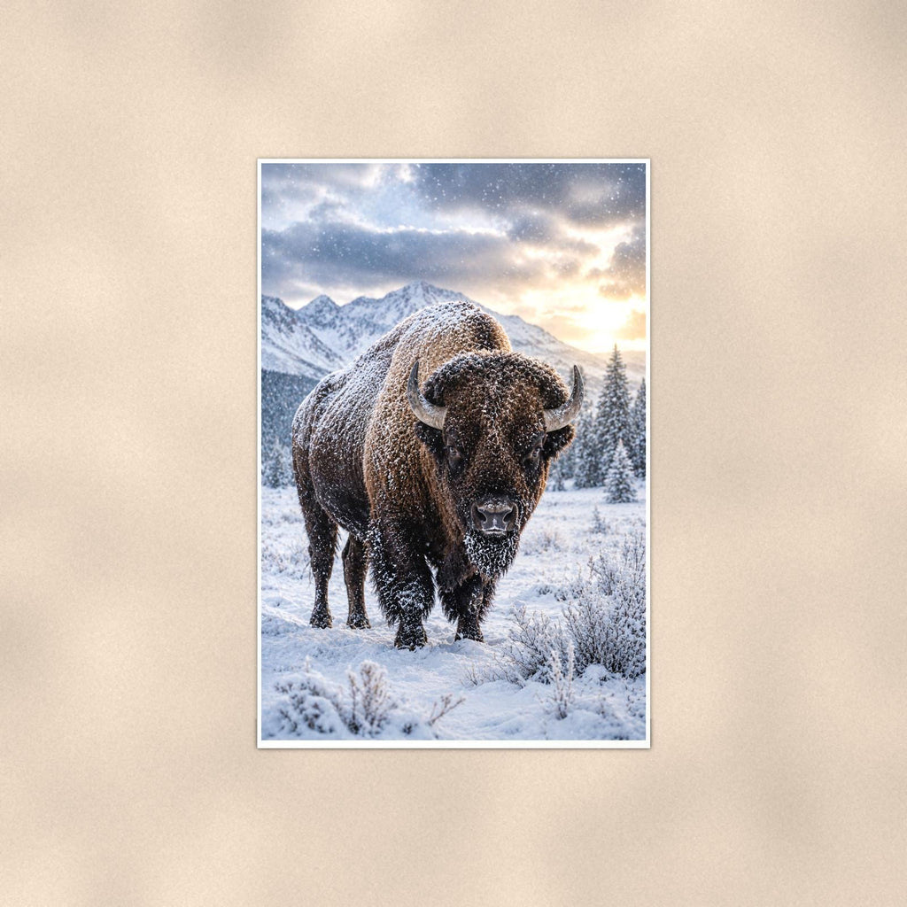 Snowstorm Bison — 24x36 in art print poster, premium luster paper with a white border; poster shown straight on against a warm wall.