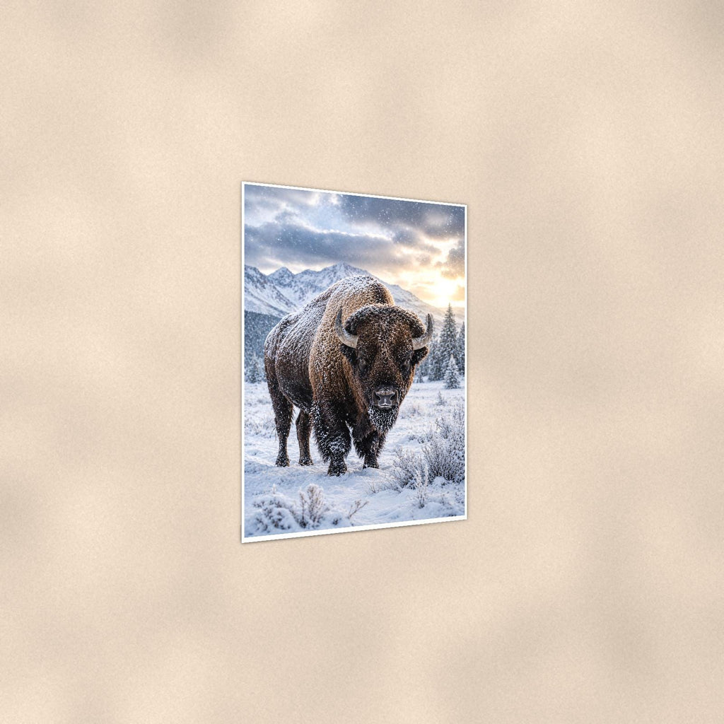 Snowstorm Bison — 24x36 in art print poster, premium luster paper with a white border; gentle three-quarter angle on a warm wall, showing the flat paper edge.