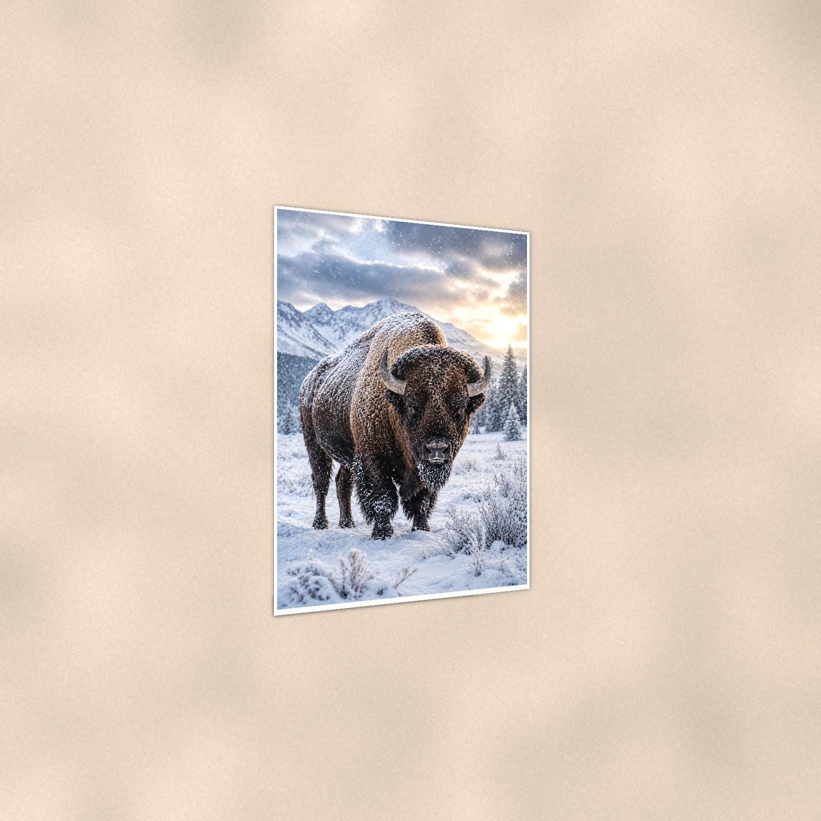 Snowstorm Bison — 24x36 in art print poster, premium luster paper with a white border; gentle three-quarter angle on a warm wall, showing the flat paper edge.