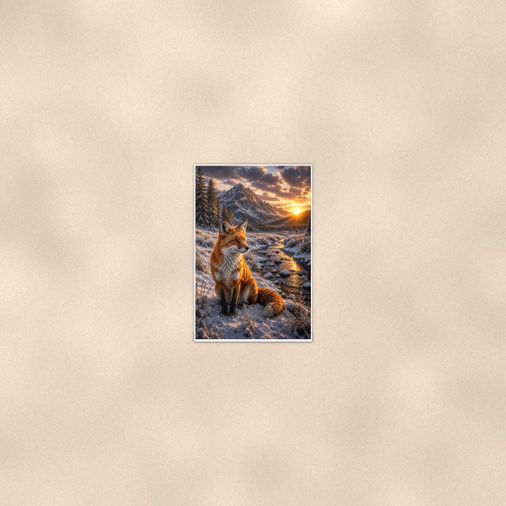 Winter Fox Creek — 24x36 in art print poster, premium luster paper with a white border; poster seen from further back, at true 24x36 in scale on a warm wall.