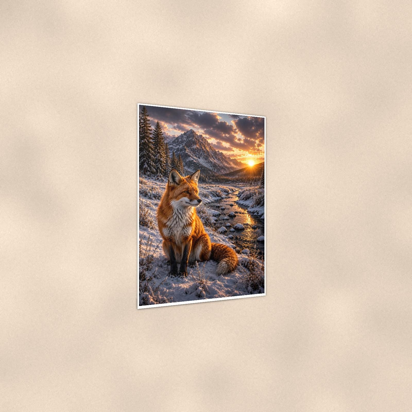 Winter Fox Creek — 24x36 in art print poster, premium luster paper with a white border; gentle three-quarter angle on a warm wall, showing the flat paper edge.