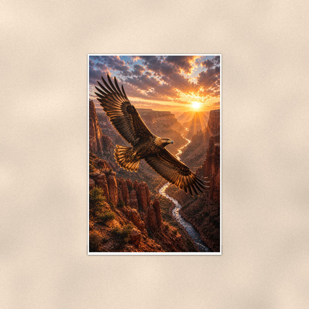 Canyon Eagle Sunset — 24x36 in art print poster, premium luster paper with a white border; poster shown straight on against a warm wall.