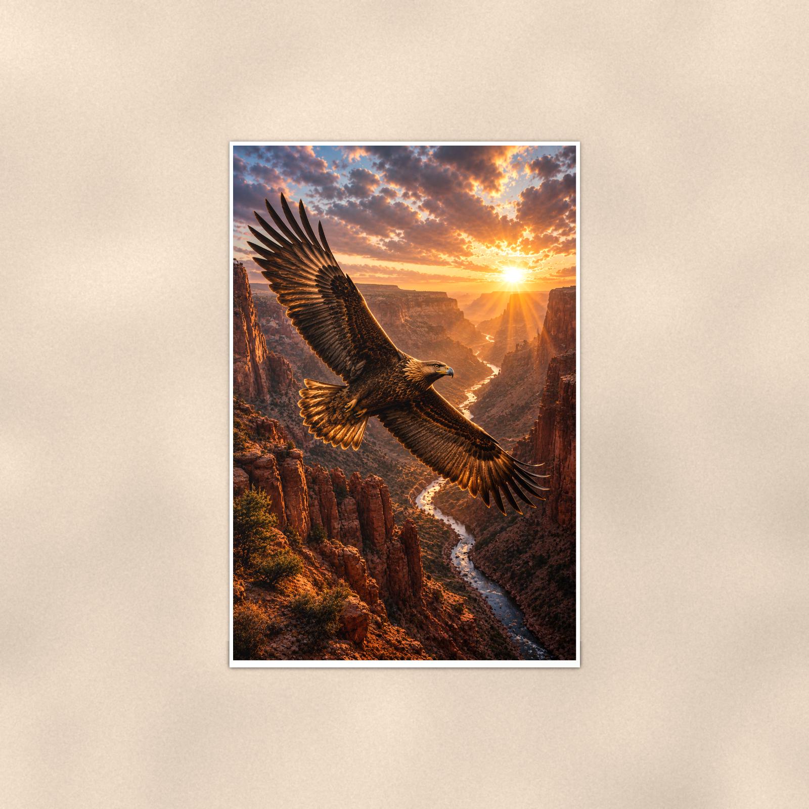 Canyon Eagle Sunset — 24x36 in art print poster, premium luster paper with a white border; poster shown straight on against a warm wall.