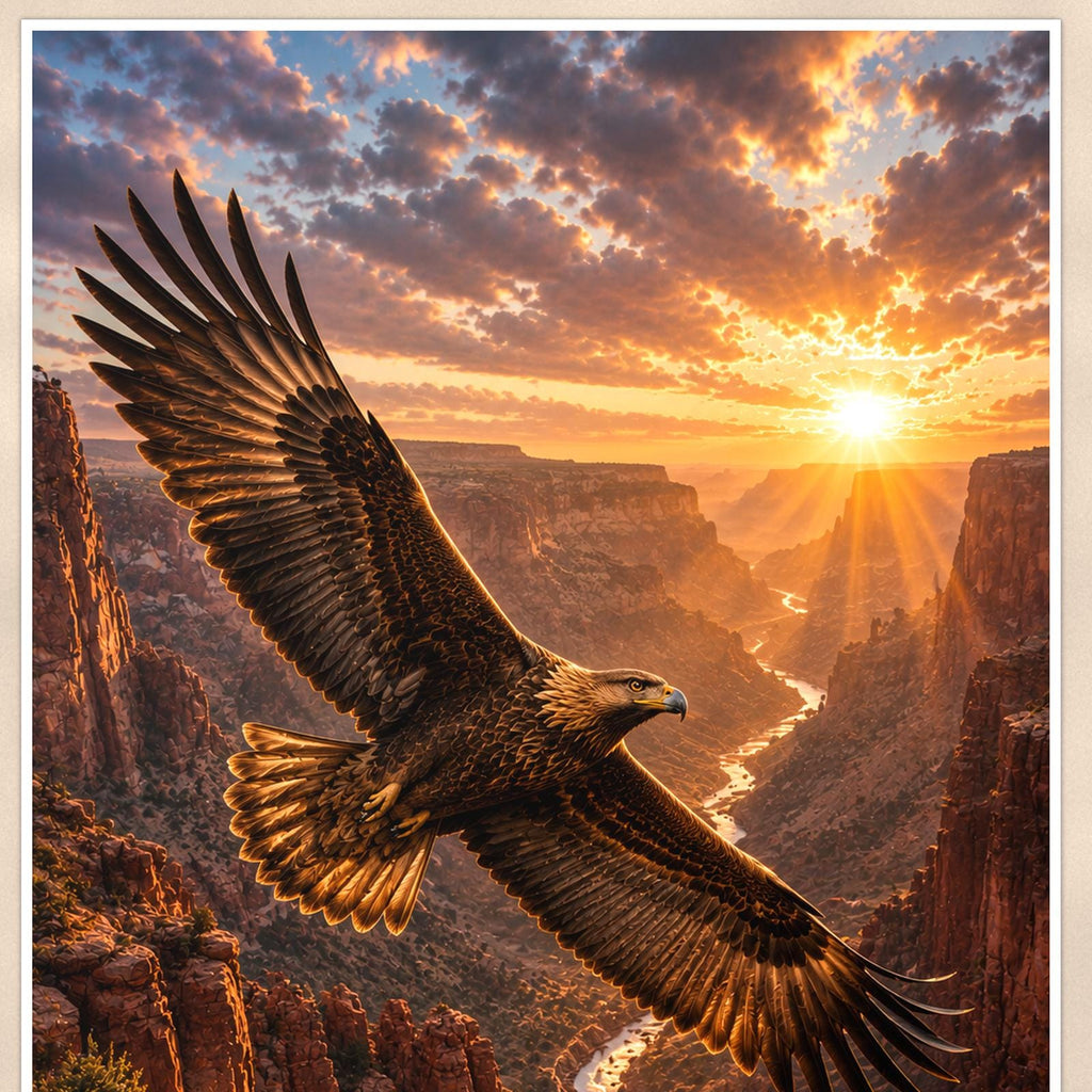 Canyon Eagle Sunset — 24x36 in art print poster, premium luster paper with a white border; close-up framed on the main subject of the artwork, paper surface visible.