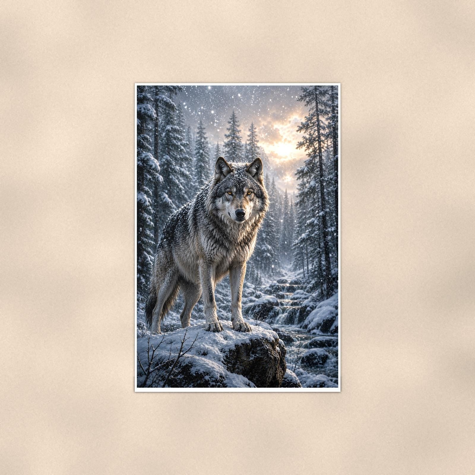 Winter Wolf — 24x36 in art print poster, premium luster paper with a white border; poster shown straight on against a warm wall.
