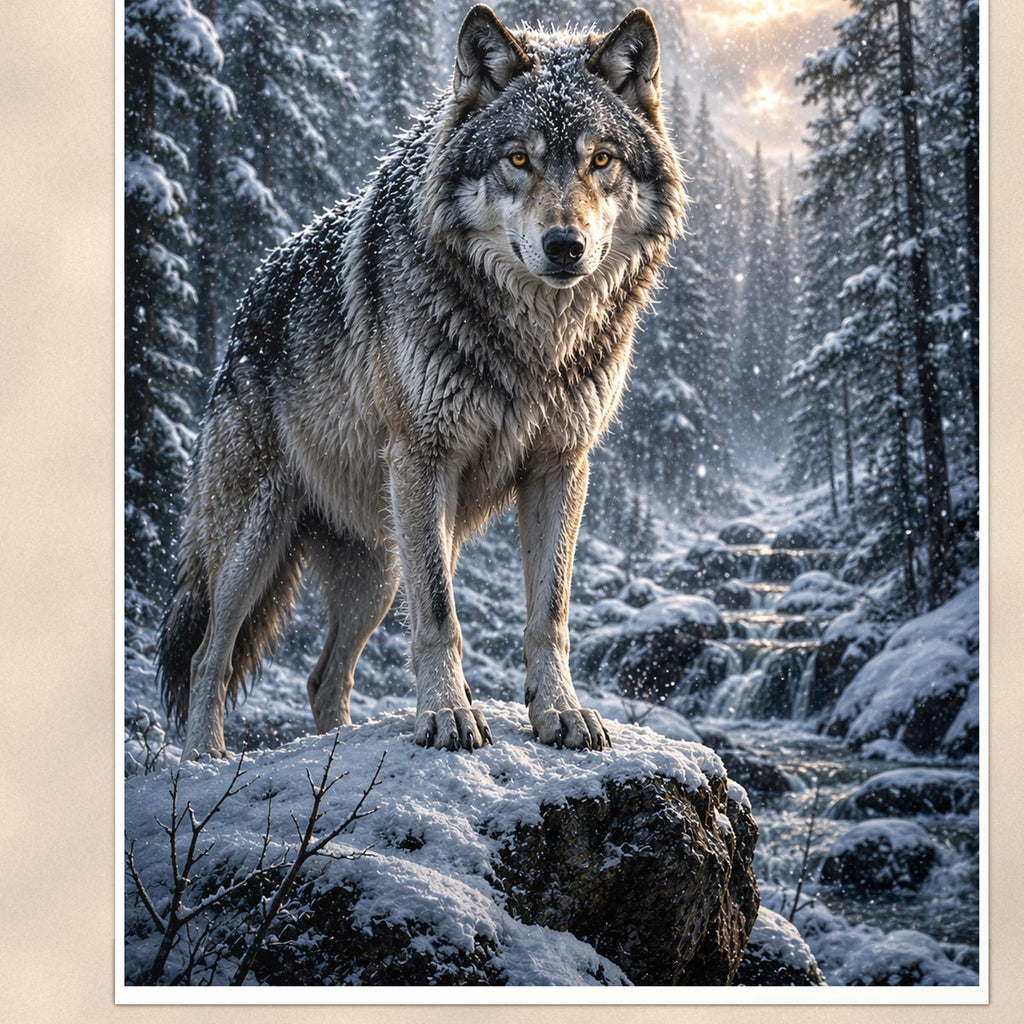 Winter Wolf — 24x36 in art print poster, premium luster paper with a white border; close-up framed on the main subject of the artwork, paper surface visible.