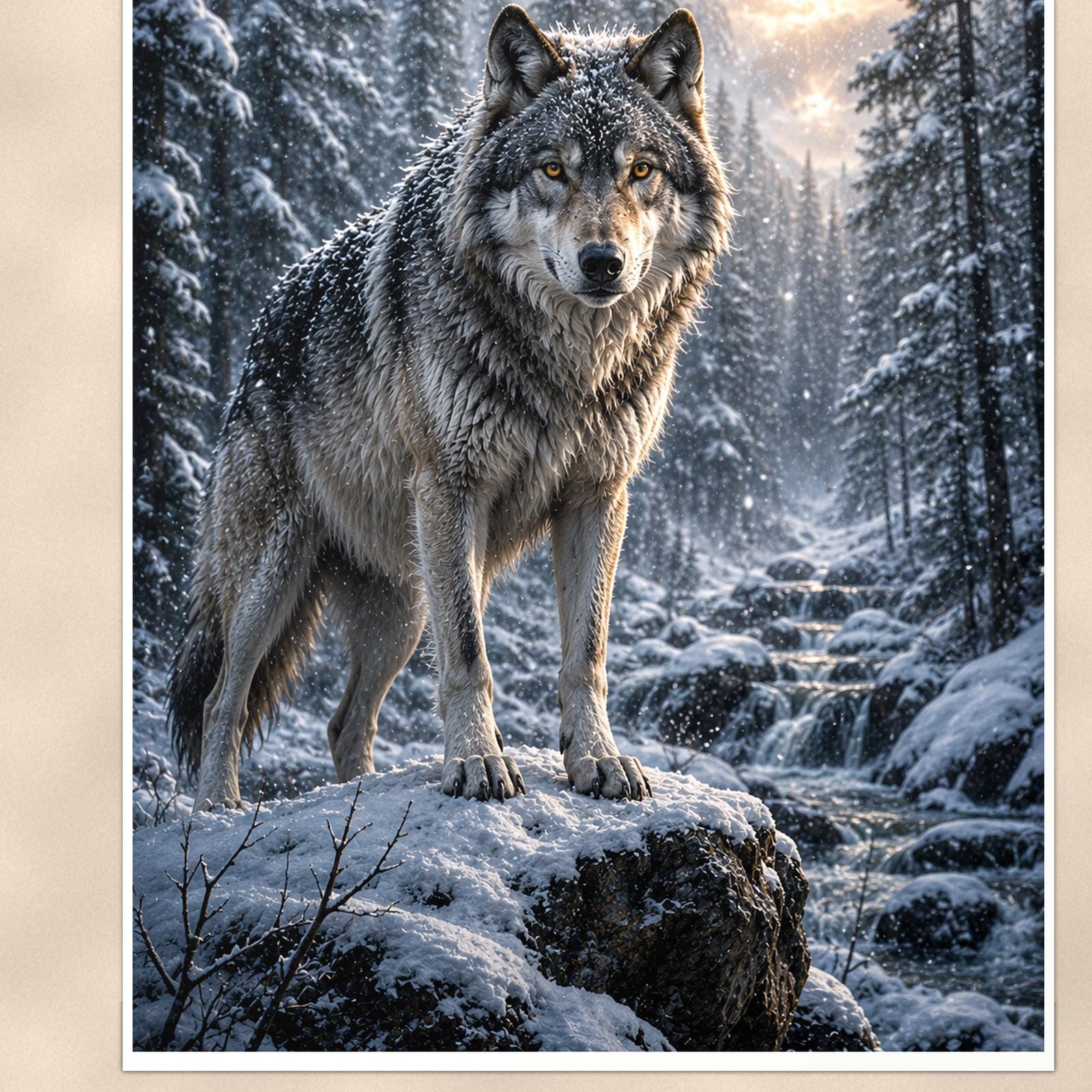 Winter Wolf — 24x36 in art print poster, premium luster paper with a white border; close-up framed on the main subject of the artwork, paper surface visible.