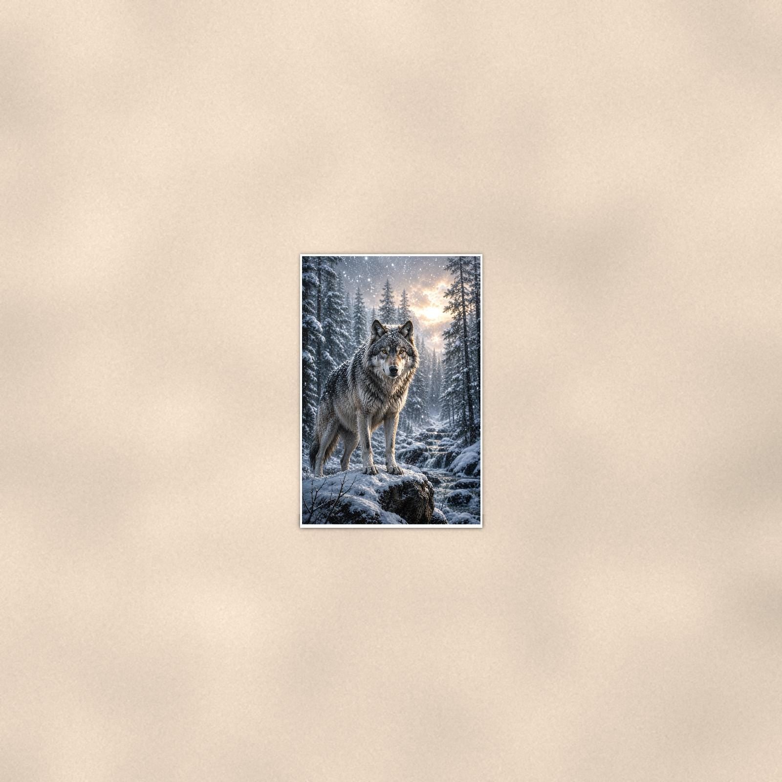 Winter Wolf — 24x36 in art print poster, premium luster paper with a white border; poster seen from further back, at true 24x36 in scale on a warm wall.