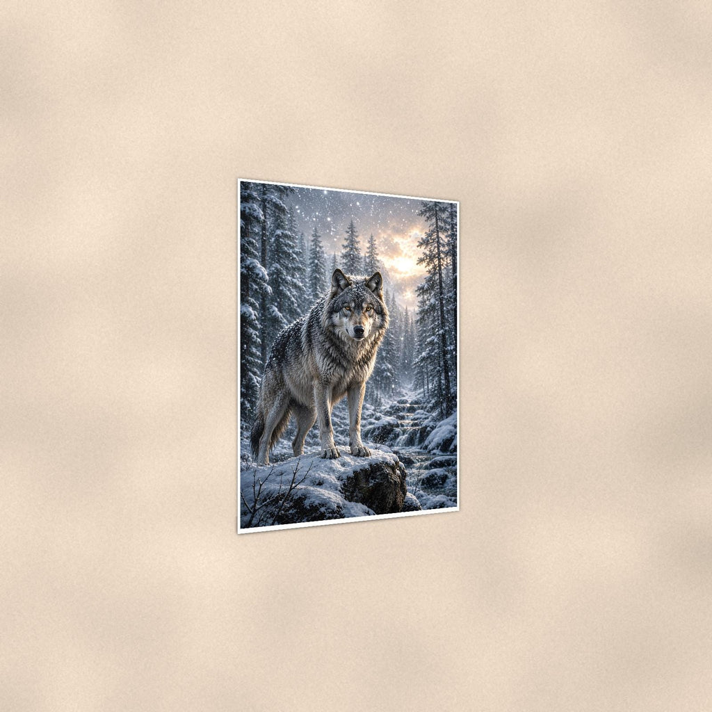 Winter Wolf — 24x36 in art print poster, premium luster paper with a white border; gentle three-quarter angle on a warm wall, showing the flat paper edge.