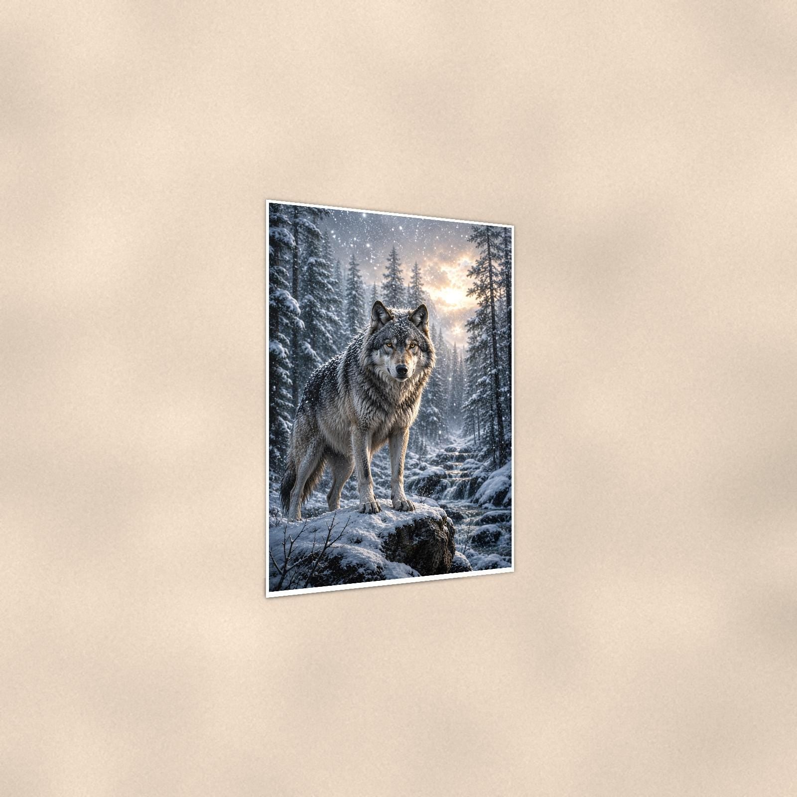 Winter Wolf — 24x36 in art print poster, premium luster paper with a white border; gentle three-quarter angle on a warm wall, showing the flat paper edge.