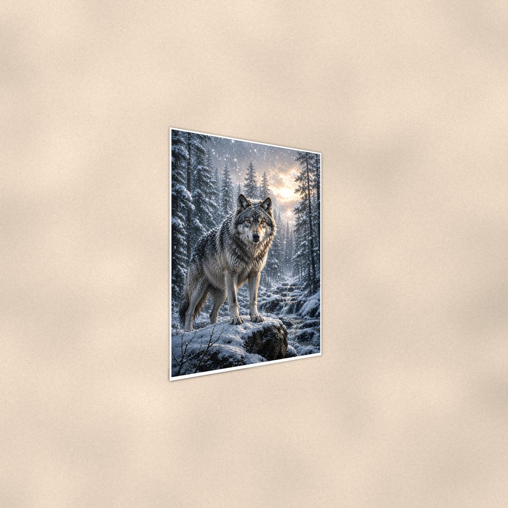 Winter Wolf — 24x36 in art print poster, premium luster paper with a white border; steeper three-quarter angle on a warm wall, catching the luster sheen.