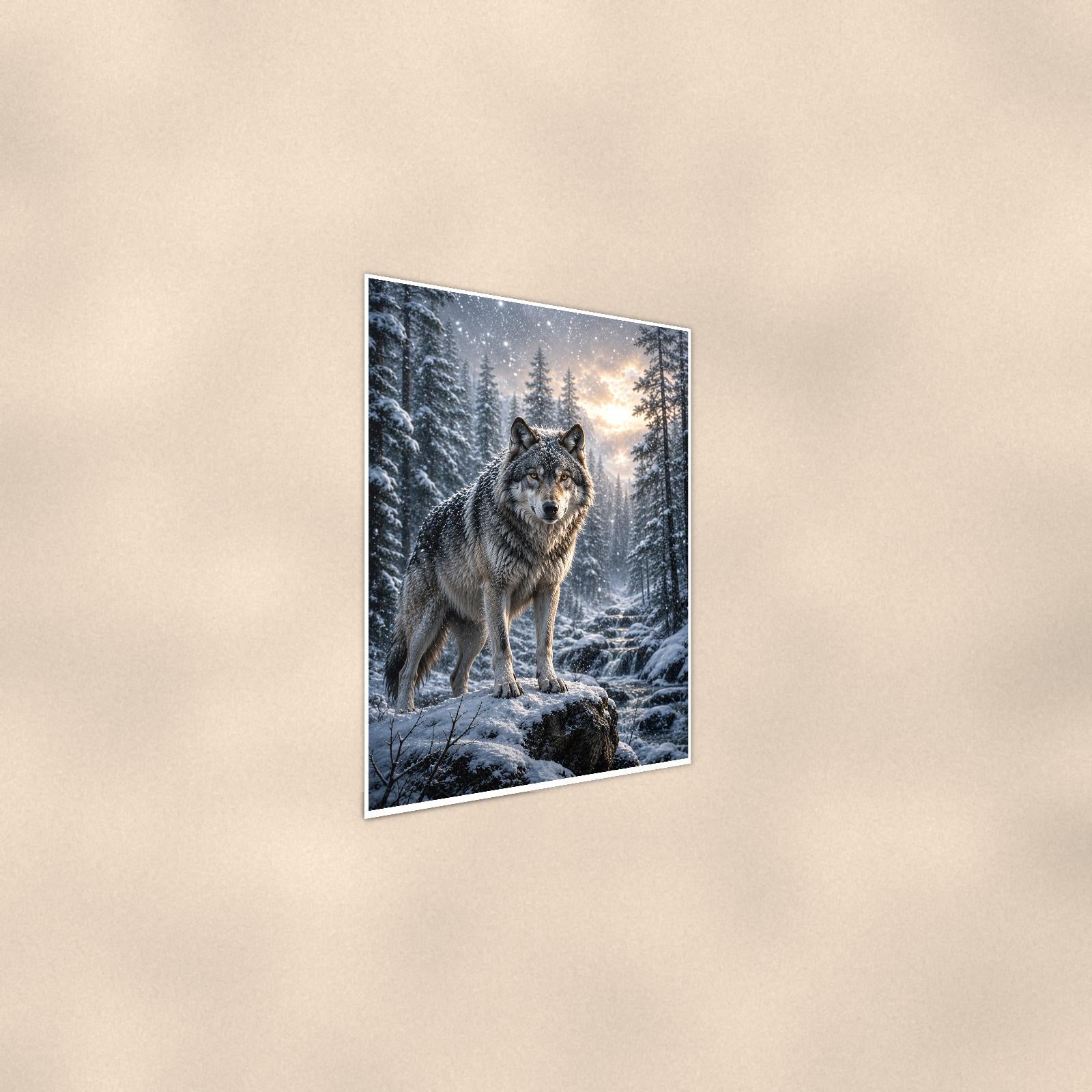 Winter Wolf — 24x36 in art print poster, premium luster paper with a white border; steeper three-quarter angle on a warm wall, catching the luster sheen.