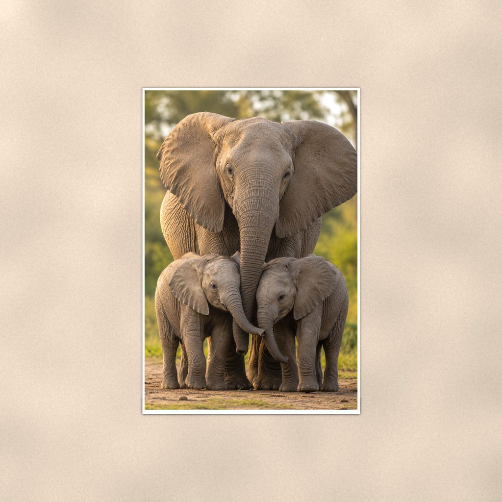 Elephant Family — 24x36 in art print poster, premium luster paper with a white border; poster shown straight on against a warm wall.
