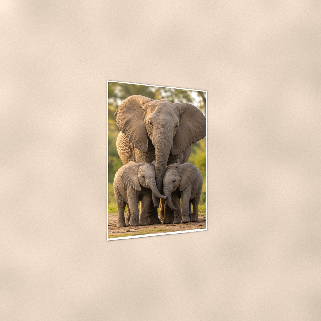 Elephant Family — 24x36 in art print poster, premium luster paper with a white border; gentle three-quarter angle on a warm wall, showing the flat paper edge.