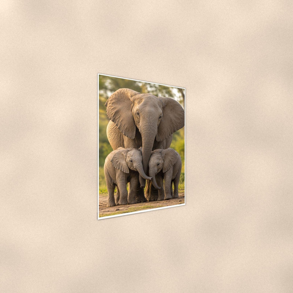 Elephant Family — 24x36 in art print poster, premium luster paper with a white border; steeper three-quarter angle on a warm wall, catching the luster sheen.