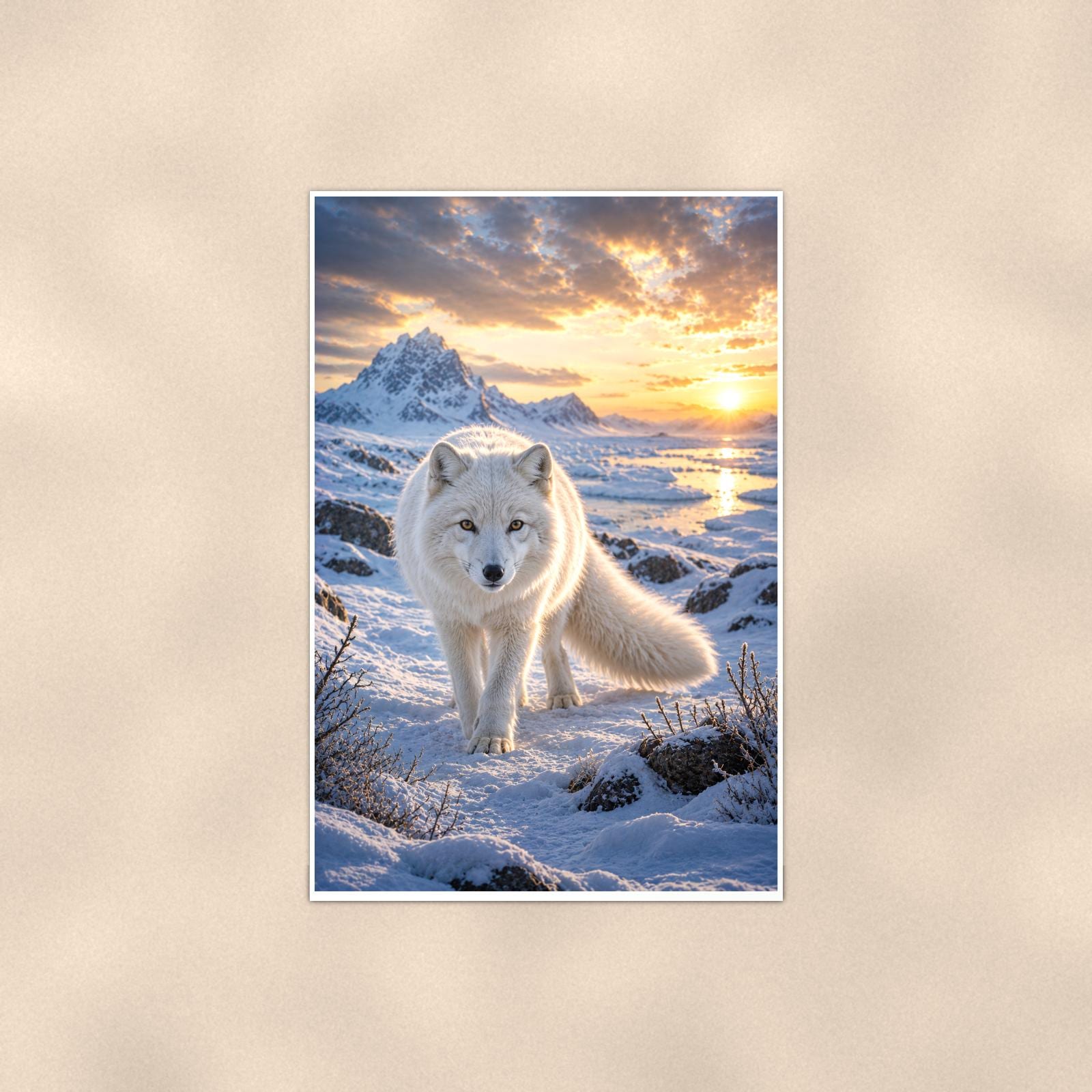 Arctic Fox Sunset — 24x36 in art print poster, premium luster paper with a white border; poster shown straight on against a warm wall.