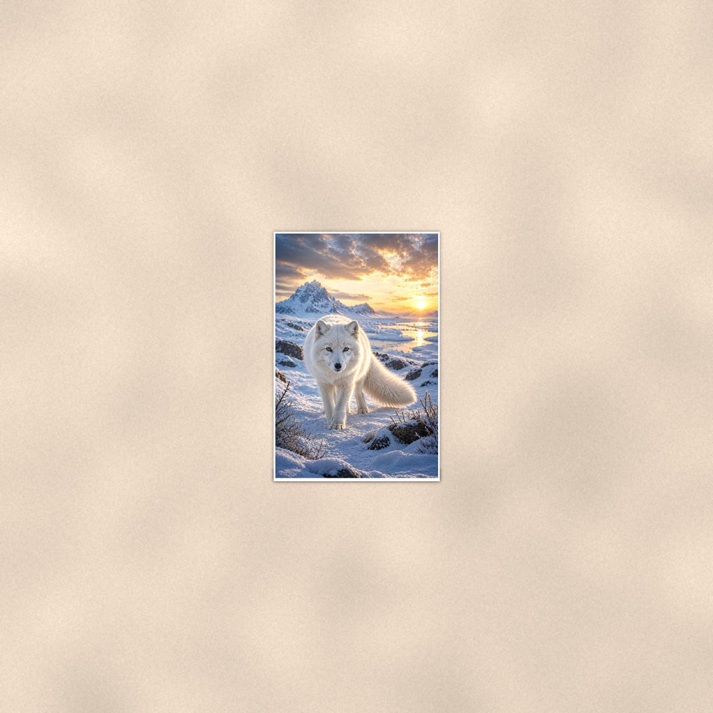 Arctic Fox Sunset — 24x36 in art print poster, premium luster paper with a white border; poster seen from further back, at true 24x36 in scale on a warm wall.
