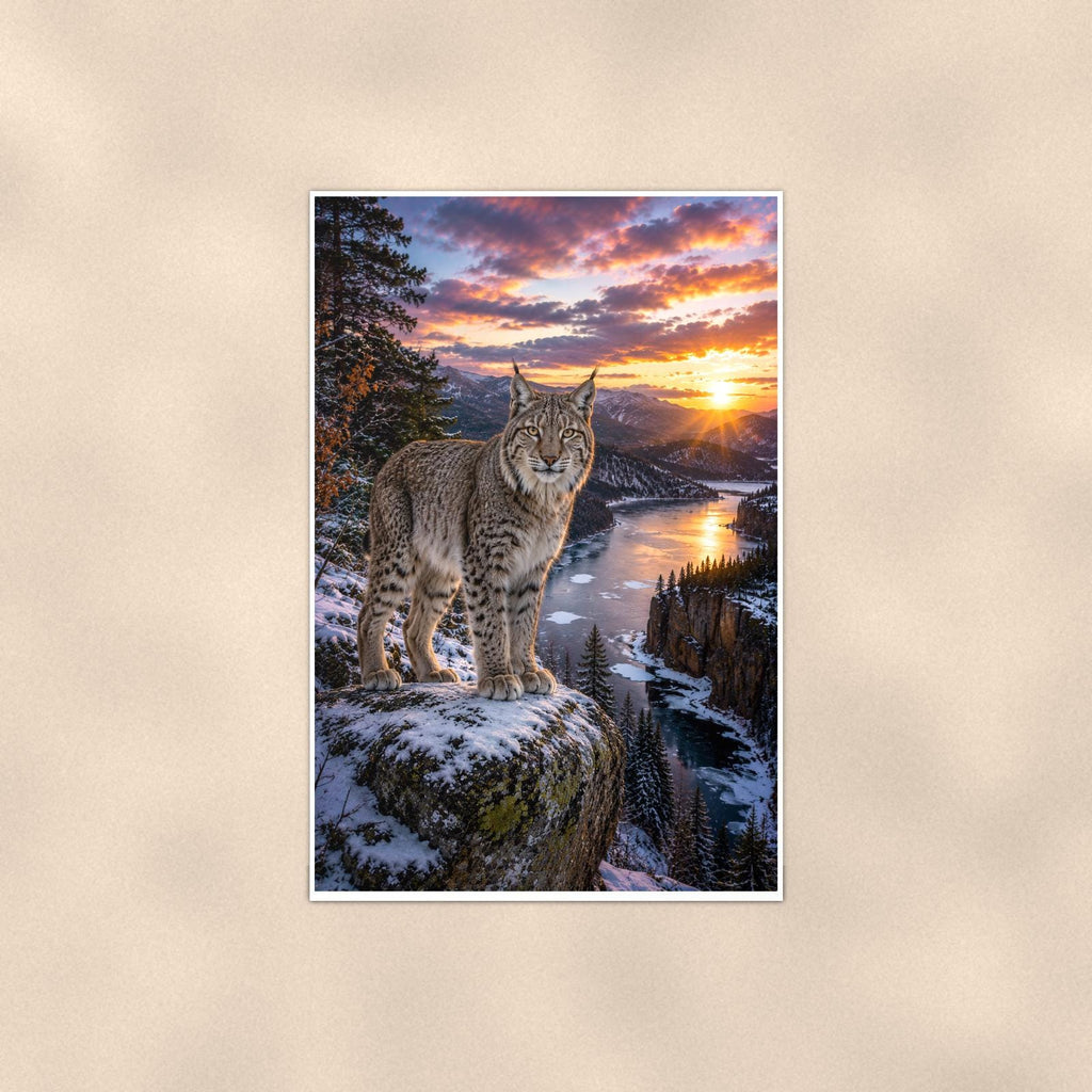 Lynx Cliff Sunset — 24x36 in art print poster, premium luster paper with a white border; poster shown straight on against a warm wall.