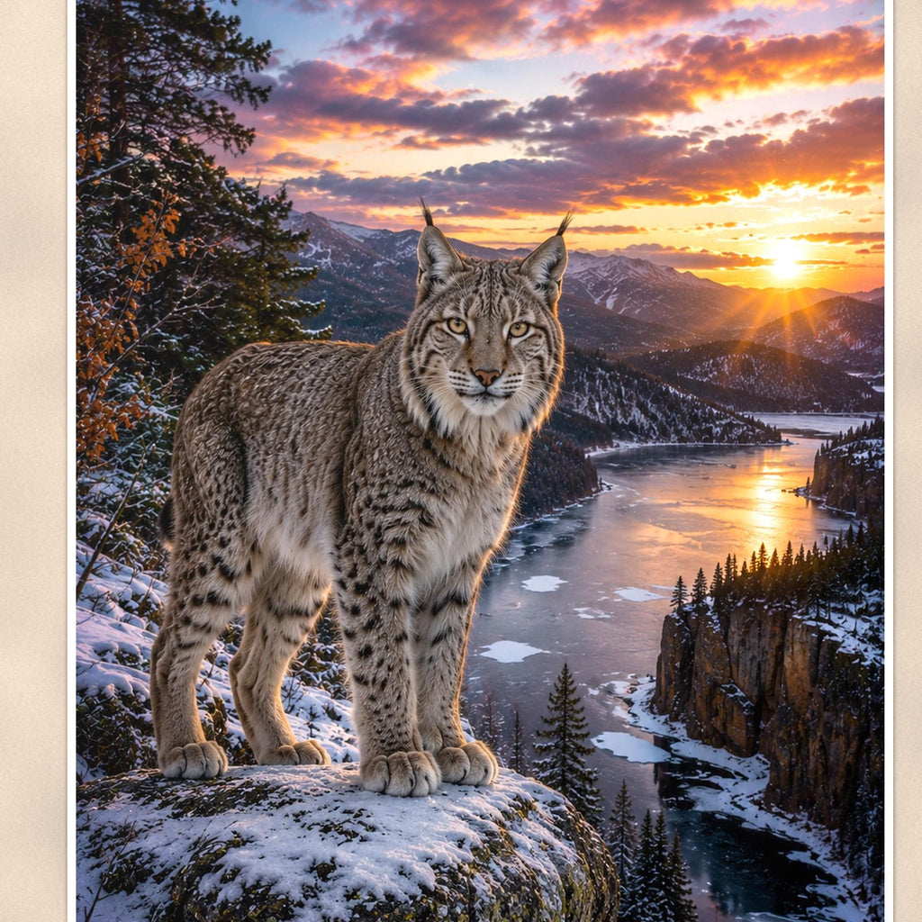 Lynx Cliff Sunset — 24x36 in art print poster, premium luster paper with a white border; close-up framed on the main subject of the artwork, paper surface visible.
