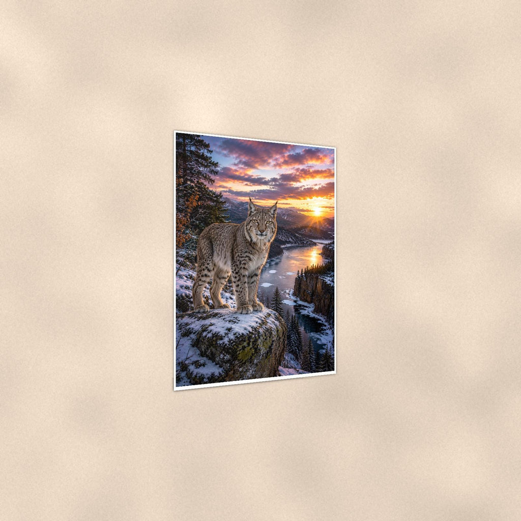 Lynx Cliff Sunset — 24x36 in art print poster, premium luster paper with a white border; gentle three-quarter angle on a warm wall, showing the flat paper edge.