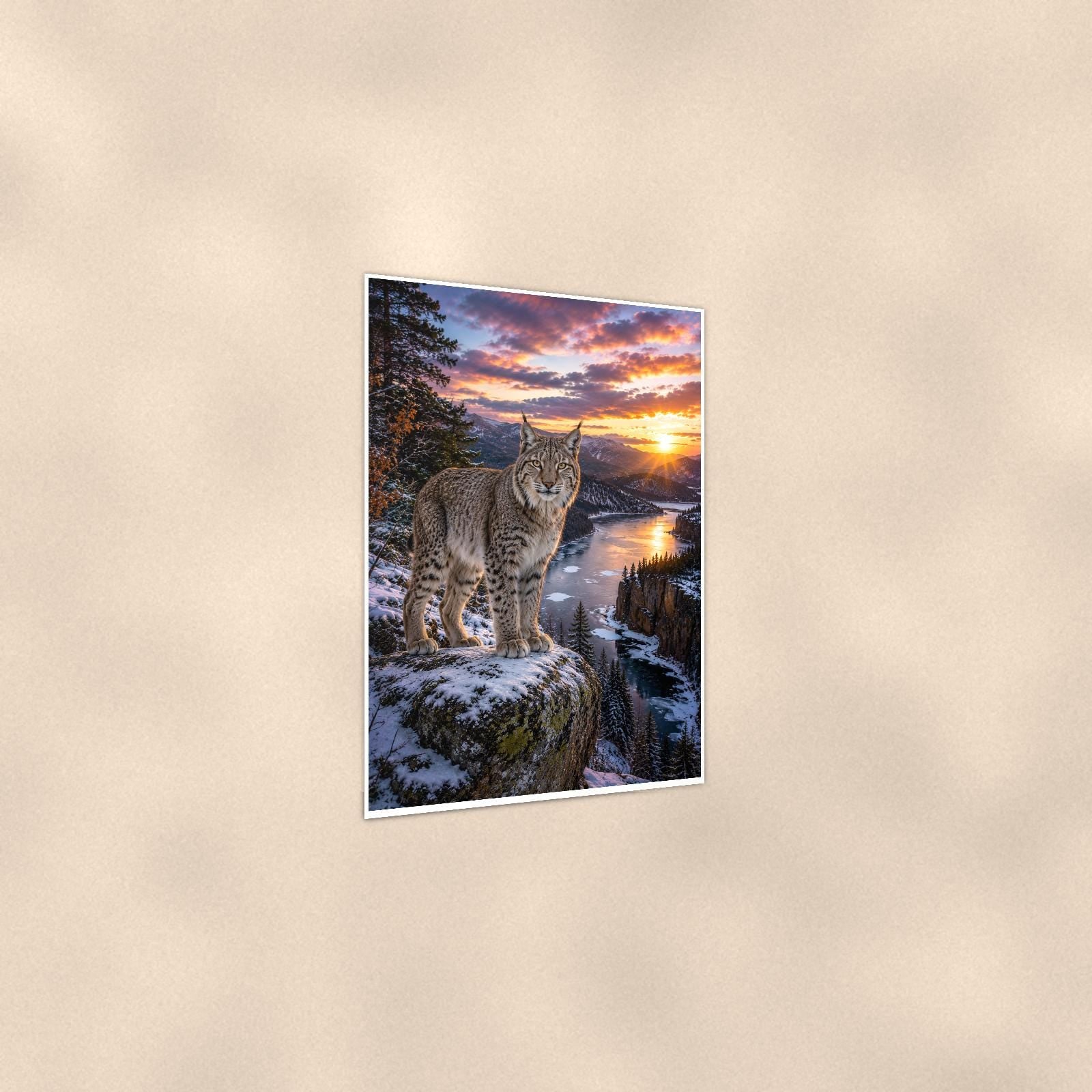 Lynx Cliff Sunset — 24x36 in art print poster, premium luster paper with a white border; gentle three-quarter angle on a warm wall, showing the flat paper edge.