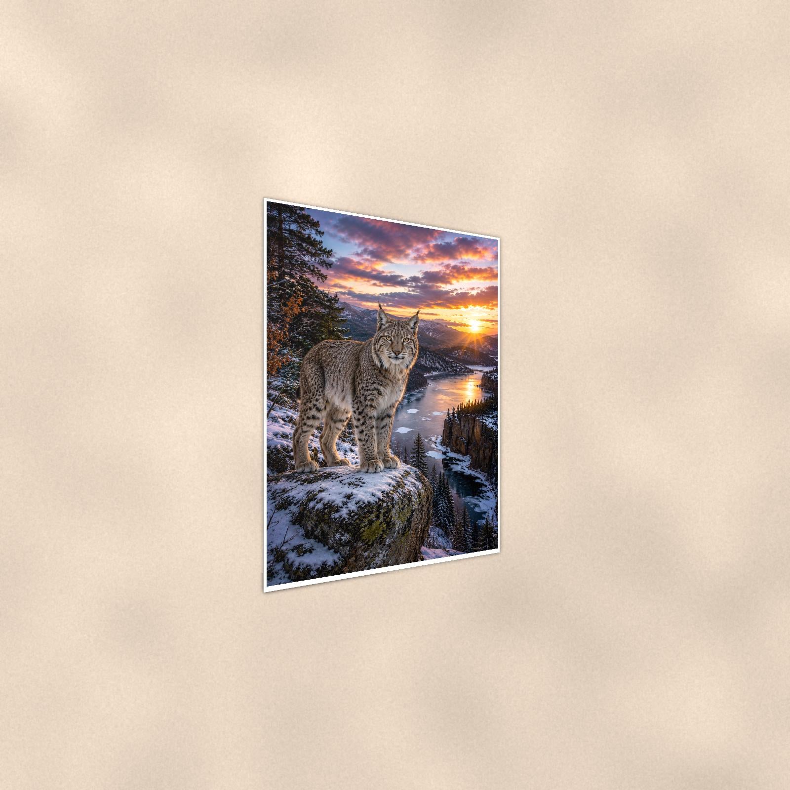 Lynx Cliff Sunset — 24x36 in art print poster, premium luster paper with a white border; steeper three-quarter angle on a warm wall, catching the luster sheen.