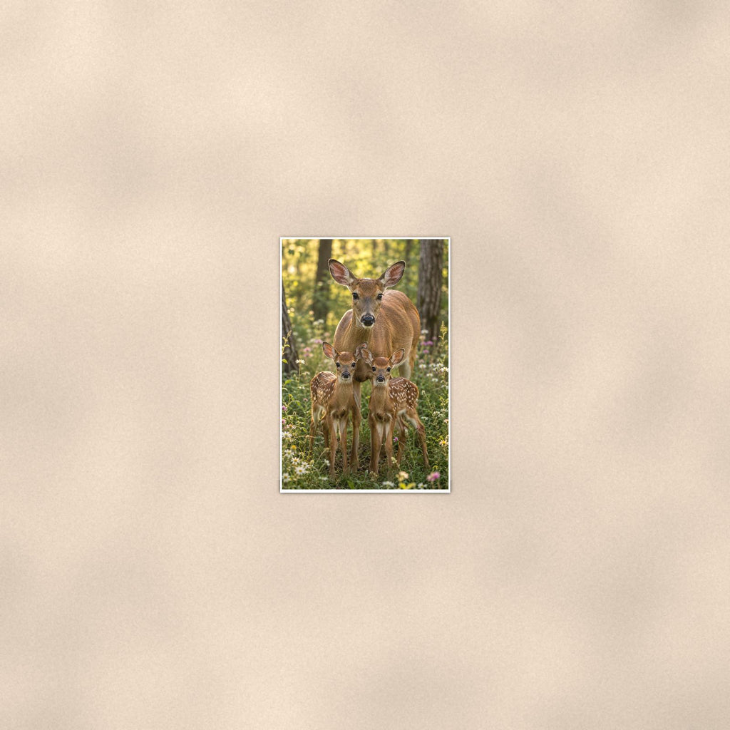 Doe and Fawns — 24x36 in art print poster, premium luster paper with a white border; poster seen from further back, at true 24x36 in scale on a warm wall.