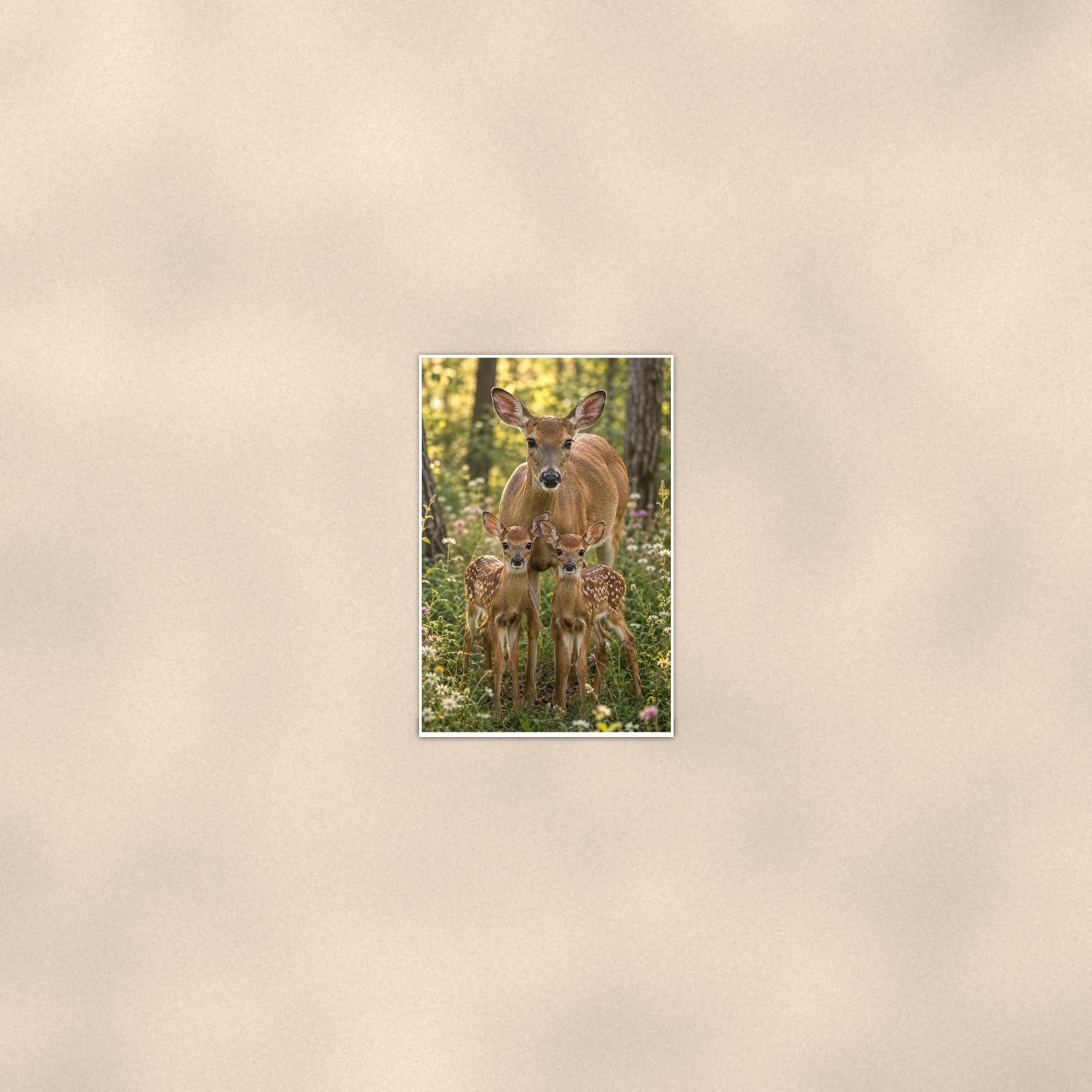 Doe and Fawns — 24x36 in art print poster, premium luster paper with a white border; poster seen from further back, at true 24x36 in scale on a warm wall.