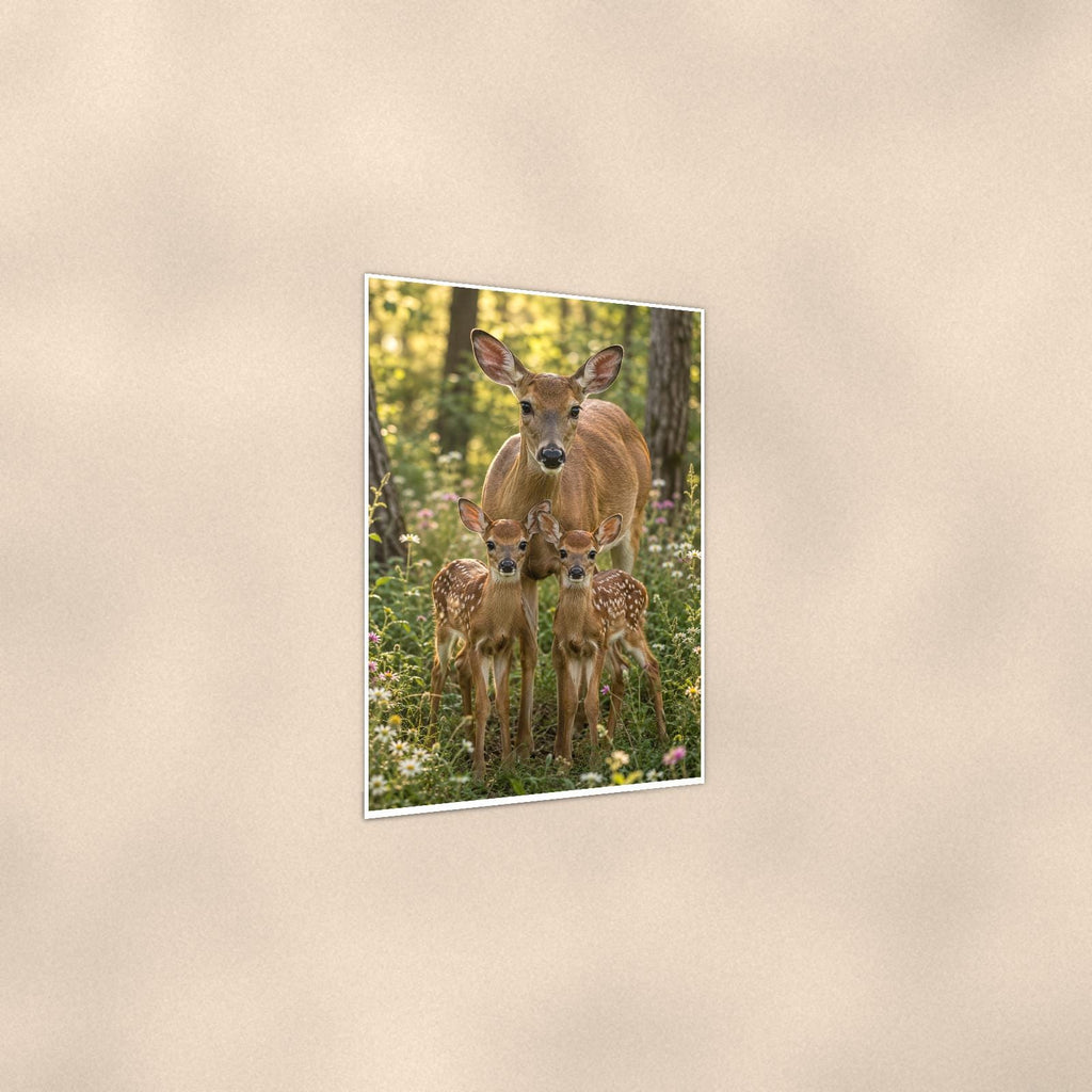 Doe and Fawns — 24x36 in art print poster, premium luster paper with a white border; gentle three-quarter angle on a warm wall, showing the flat paper edge.