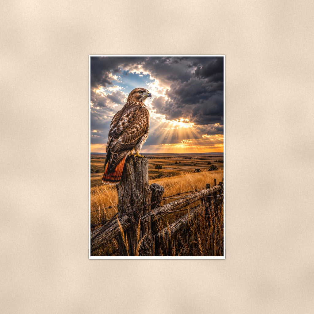 Storm Hawk — 24x36 in art print poster, premium luster paper with a white border; poster shown straight on against a warm wall.