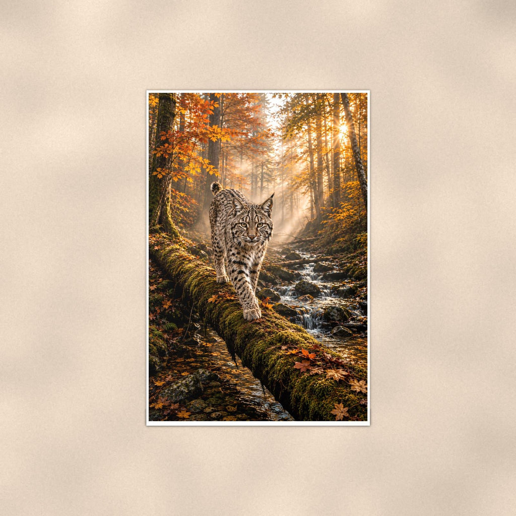 Sunbeam Bobcat — 24x36 in art print poster, premium luster paper with a white border; poster shown straight on against a warm wall.