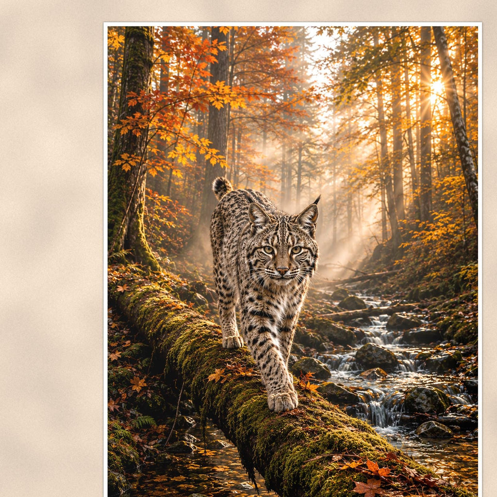 Sunbeam Bobcat — 24x36 in art print poster, premium luster paper with a white border; close-up framed on the main subject of the artwork, paper surface visible.