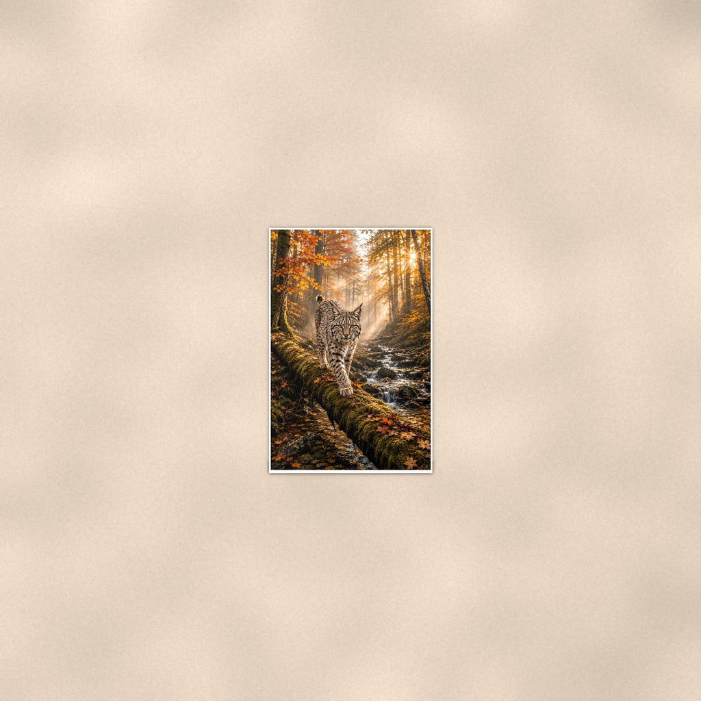 Sunbeam Bobcat — 24x36 in art print poster, premium luster paper with a white border; poster seen from further back, at true 24x36 in scale on a warm wall.