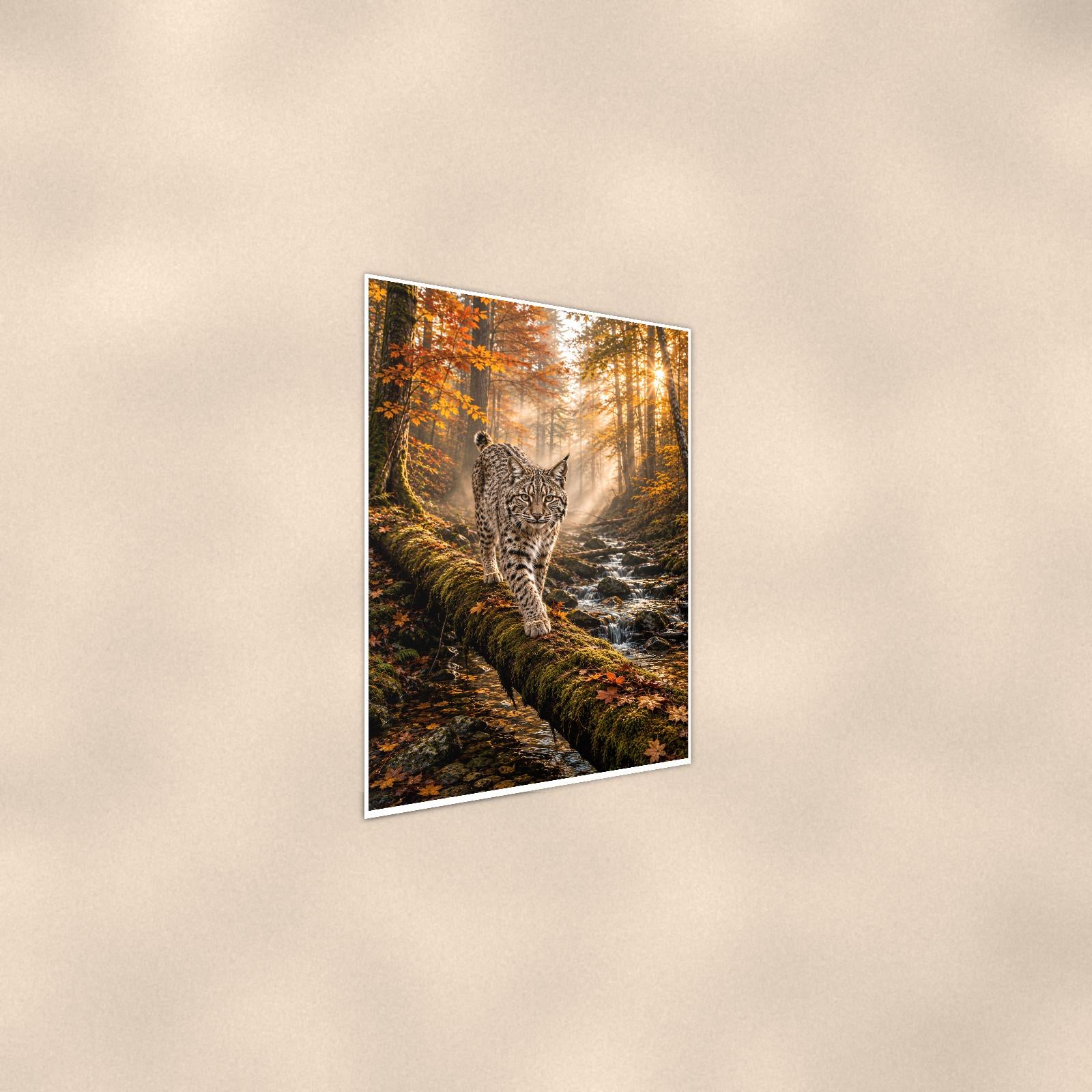 Sunbeam Bobcat — 24x36 in art print poster, premium luster paper with a white border; steeper three-quarter angle on a warm wall, catching the luster sheen.