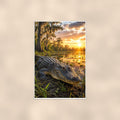Swamp Gator Sunset — 24x36 in art print poster, premium luster paper with a white border; poster shown straight on against a warm wall.