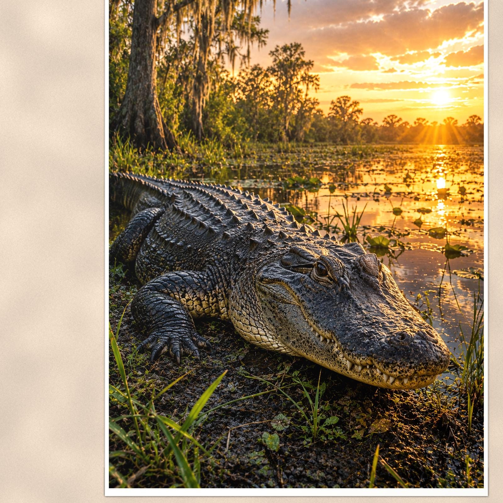 Swamp Gator Sunset — 24x36 in art print poster, premium luster paper with a white border; close-up framed on the main subject of the artwork, paper surface visible.
