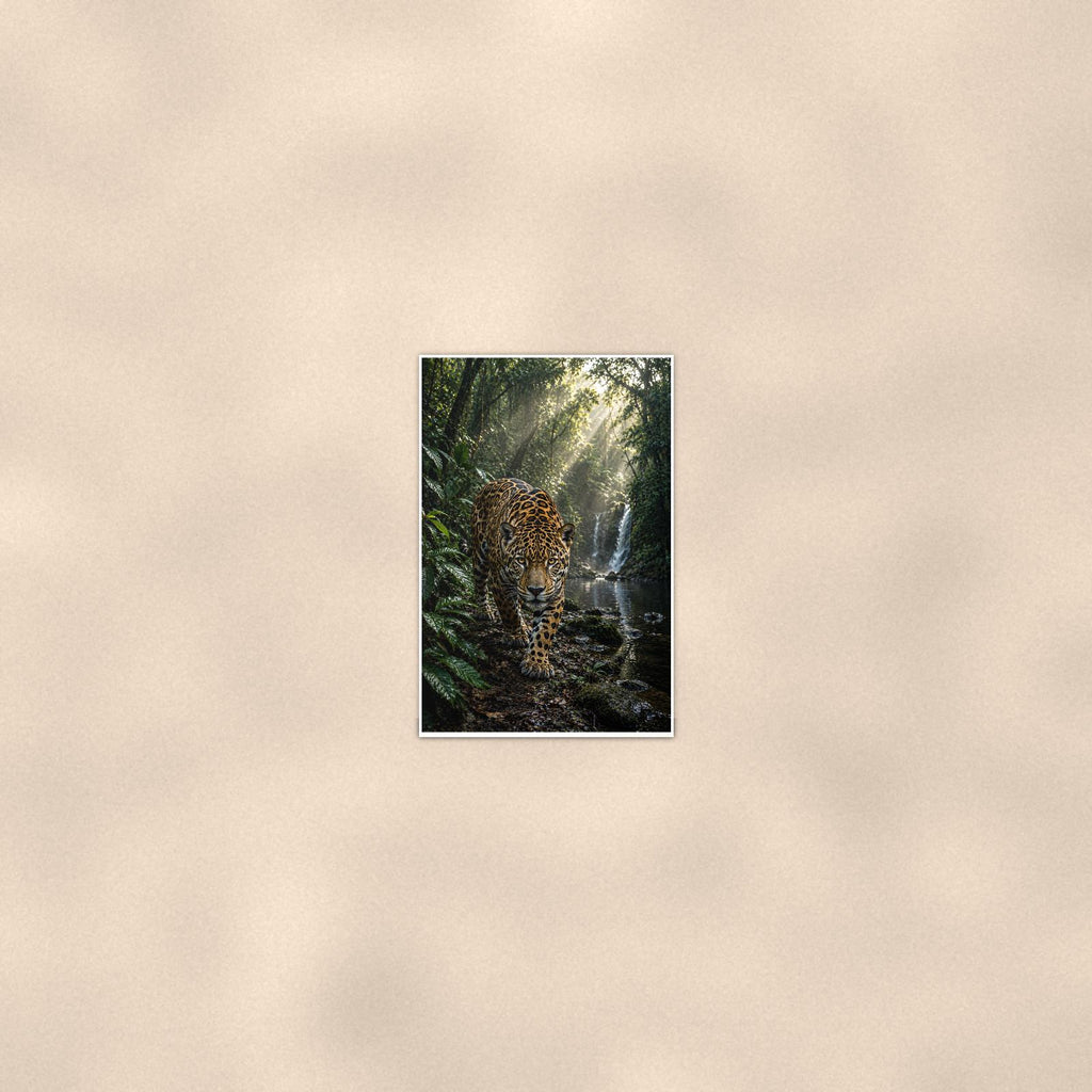 Jungle Jaguar Falls — 24x36 in art print poster, premium luster paper with a white border; poster seen from further back, at true 24x36 in scale on a warm wall.