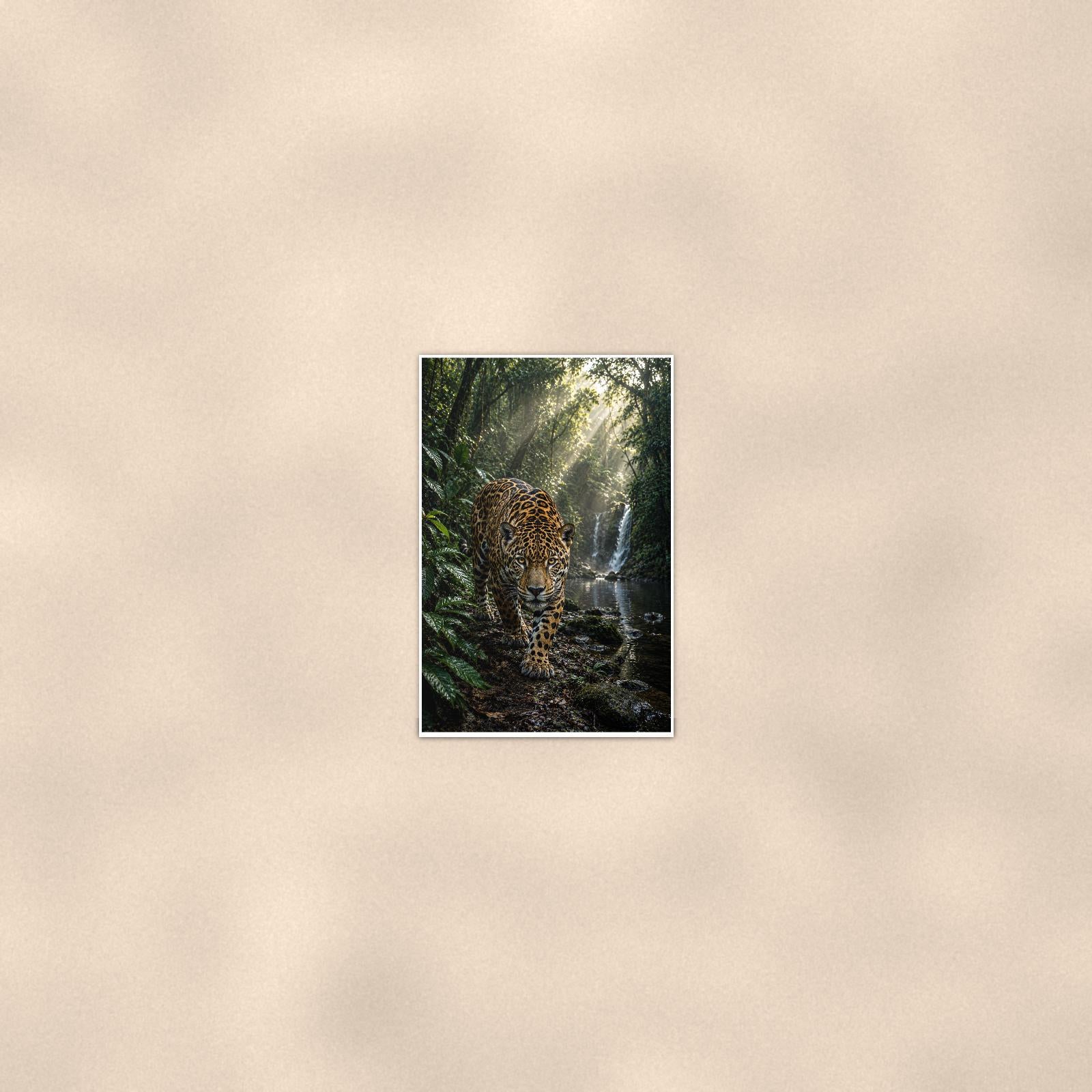 Jungle Jaguar Falls — 24x36 in art print poster, premium luster paper with a white border; poster seen from further back, at true 24x36 in scale on a warm wall.