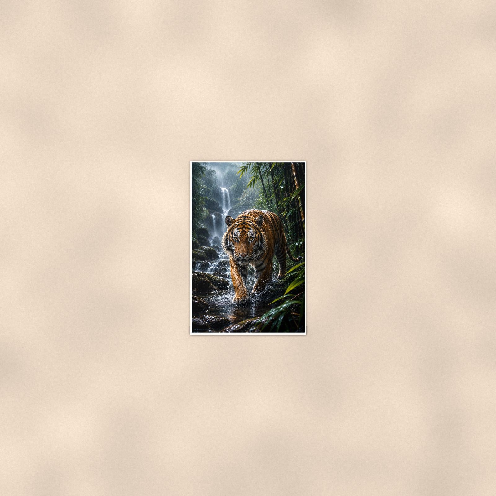 Tiger Waterfall — 24x36 in art print poster, premium luster paper with a white border; poster seen from further back, at true 24x36 in scale on a warm wall.
