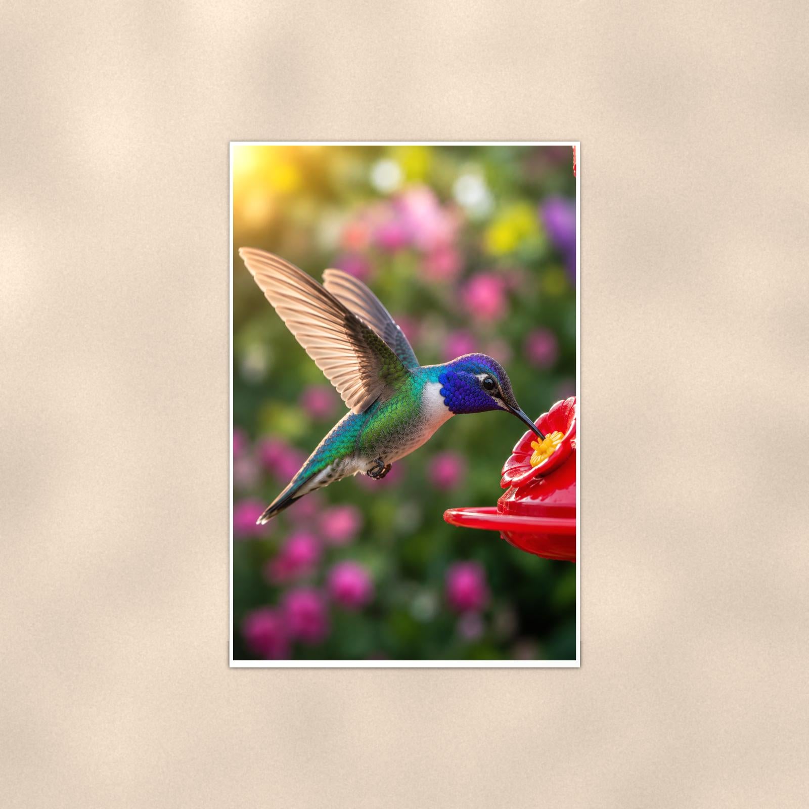 Feeder Hummingbird — 24x36 in art print poster, premium luster paper with a white border; poster shown straight on against a warm wall.