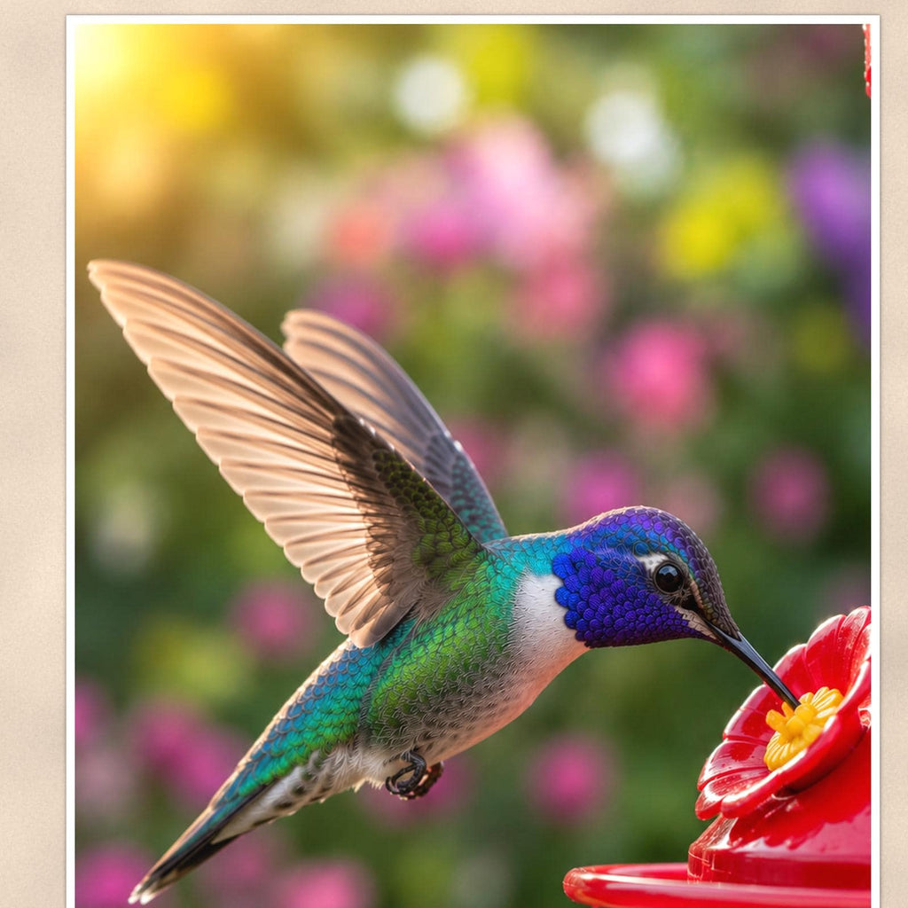 Feeder Hummingbird — 24x36 in art print poster, premium luster paper with a white border; close-up framed on the main subject of the artwork, paper surface visible.
