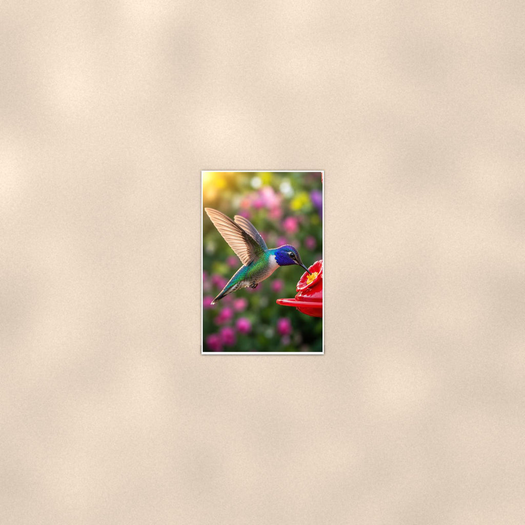 Feeder Hummingbird — 24x36 in art print poster, premium luster paper with a white border; poster seen from further back, at true 24x36 in scale on a warm wall.