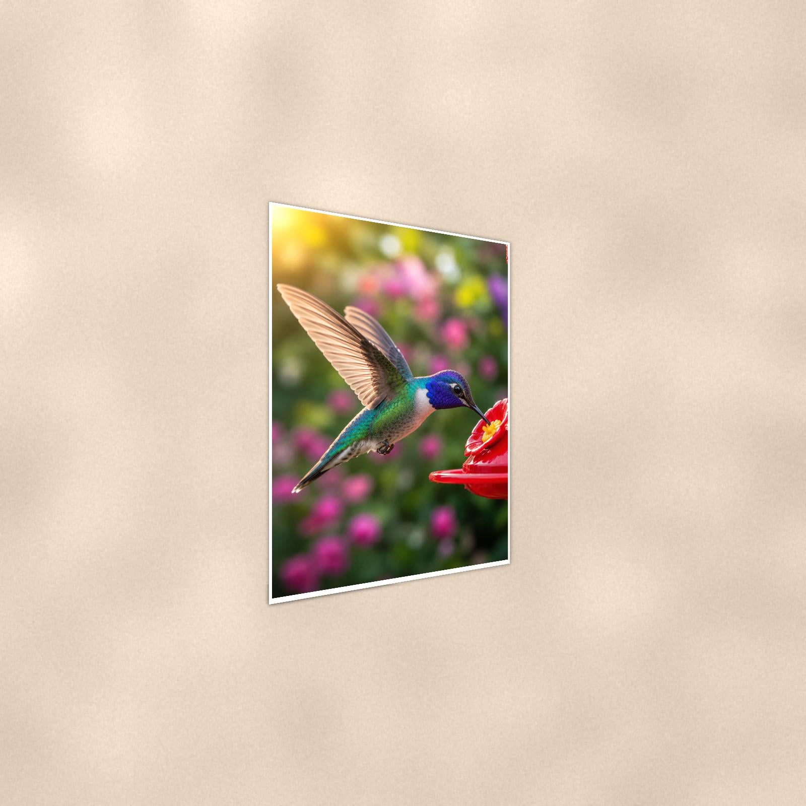 Feeder Hummingbird — 24x36 in art print poster, premium luster paper with a white border; steeper three-quarter angle on a warm wall, catching the luster sheen.