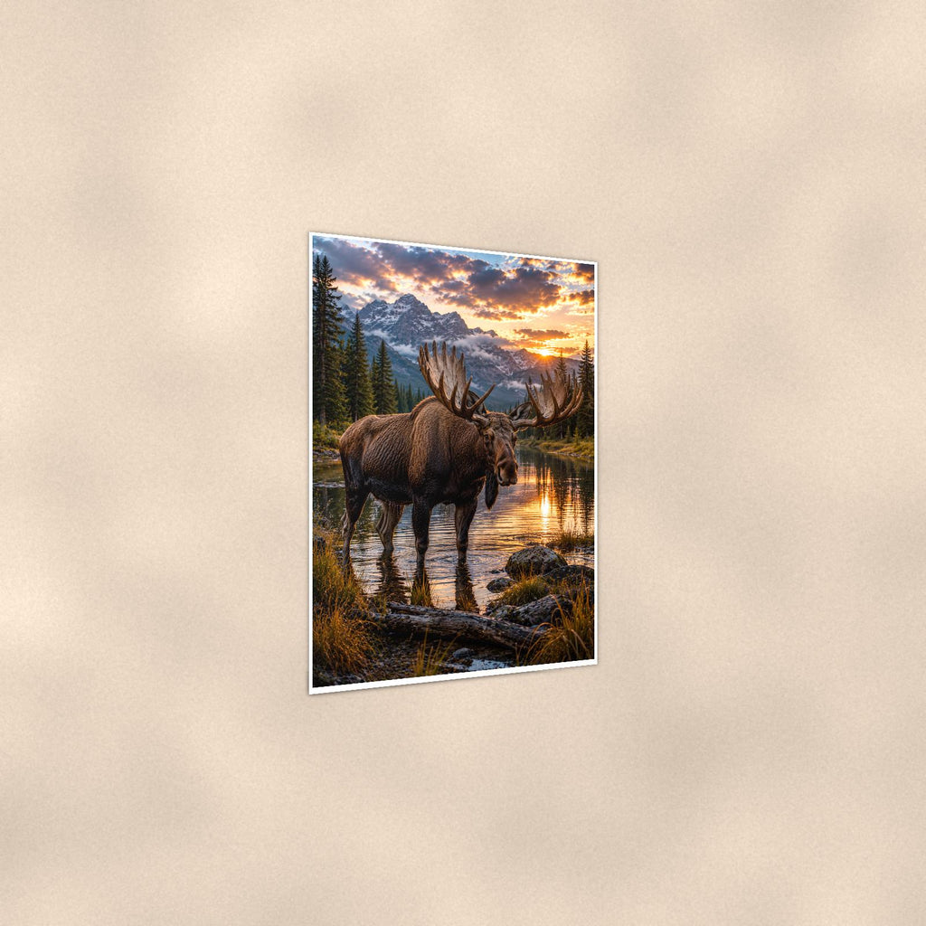 Moose Lake Sunset — 24x36 in art print poster, premium luster paper with a white border; gentle three-quarter angle on a warm wall, showing the flat paper edge.