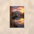 Moose Reflection — 24x36 in art print poster, premium luster paper with a white border; poster shown straight on against a warm wall.
