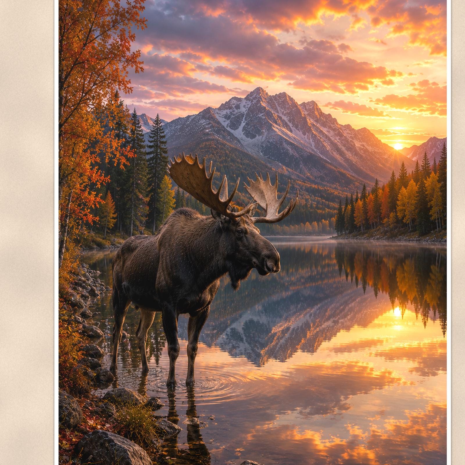 Moose Reflection — 24x36 in art print poster, premium luster paper with a white border; close-up framed on the main subject of the artwork, paper surface visible.